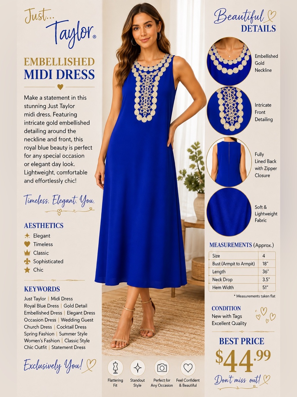 Just...Taylor Royal Blue Midi Dress with Cream Embroidered Neckline